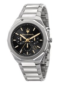 Orologio in acciaio inossidabile argento con cassa ottagonale, quadrante nero, dettagli dorati, subquadranti cronografico e display della data. Impermeabile fino a 100 metri.