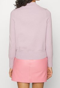 Pull léger lavande avec un col rond et des manches longues, doté d'un ourlet côtelé. Associé à une mini-jupe en cuir rose.