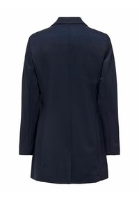 Granatowa marynarka o dopasowanym kroju z długimi rękawami i wyłamiwanym kołnierzem, pokazana od tyłu na białym tle.