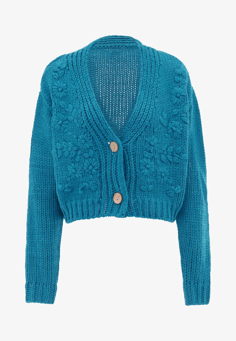 Häkelkarteigan in Türkis, mit einem tiefen V-Ausschnitt, langen Ärmeln und Holzknöpfen. Verziert mit floralen Mustern auf der Vorderseite.