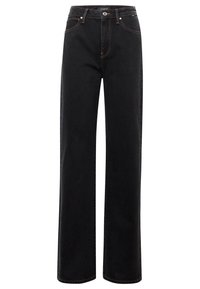 Jean noir droit avec cinq poches, passants de ceinture et coutures marron visibles sur un fond uni.