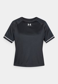 Black athletic t-shirt made of moisture-wicking fabric, featuring short raglan sleeves and a white stripe along the sleeve cuffs.