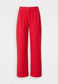 Red, wide-leg trousers with a smooth texture, featuring front pleats and a flat waistband. No visible pockets or hardware details.