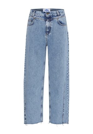 Ljusblå högmidjade jeans med rak passform, fransad nederkant, femfickorsdesign och kontrasterande sömmar.