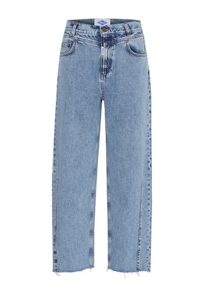 Gai zili augstās jostas vietas džinsi ar taisnu kāja piegriezumu, saplēstiem galiem, piecu kabatu dizainu un kontrastējošām šuvēm.