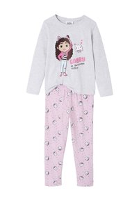Gray long-sleeve top with a cartoon character print and pink text. Pink pajama pants with white cat and heart patterns. Soft fabric.