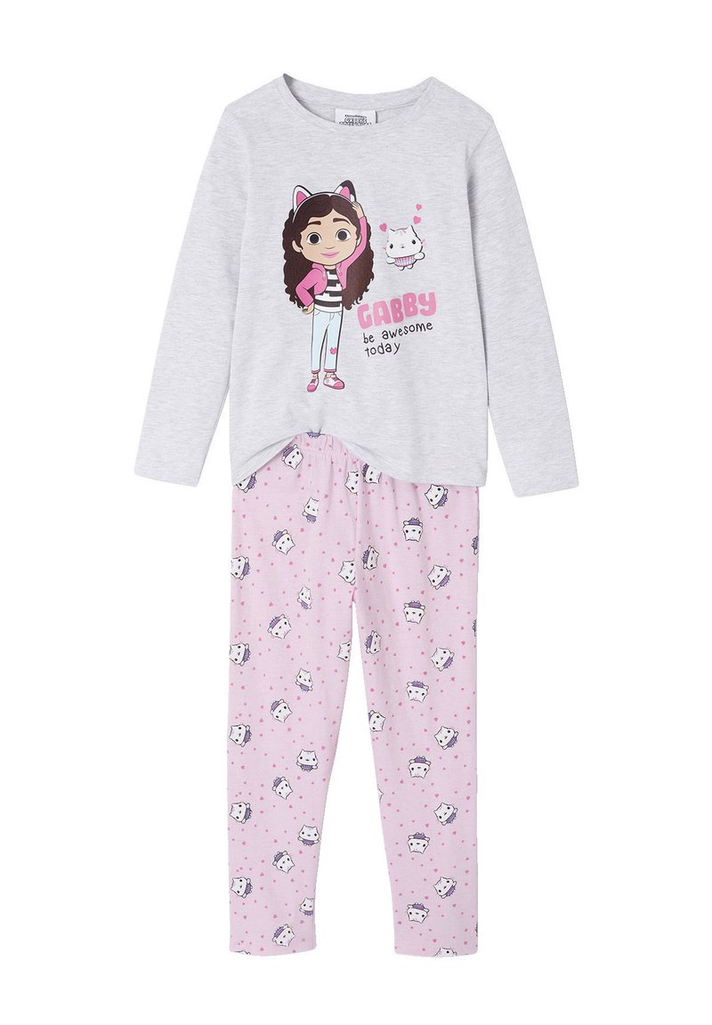 Gray long-sleeve top with a cartoon character print and pink text. Pink pajama pants with white cat and heart patterns. Soft fabric.