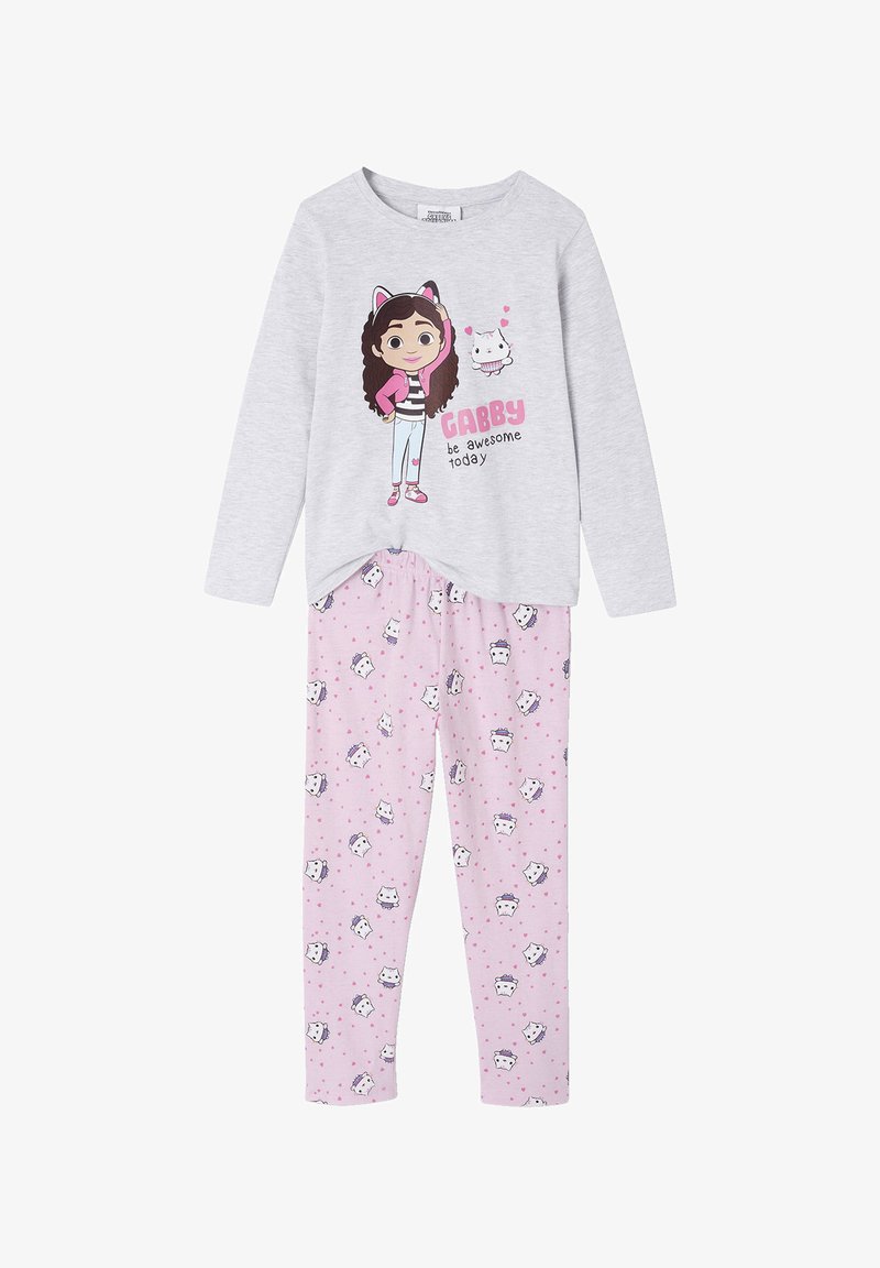Gray long-sleeve top with a cartoon character print and pink text. Pink pajama pants with white cat and heart patterns. Soft fabric.