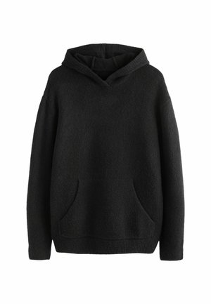 Black hooded sweatshirt with a textured finish, featuring a front pocket and ribbed hem. Simple, oversized design without embellishments.