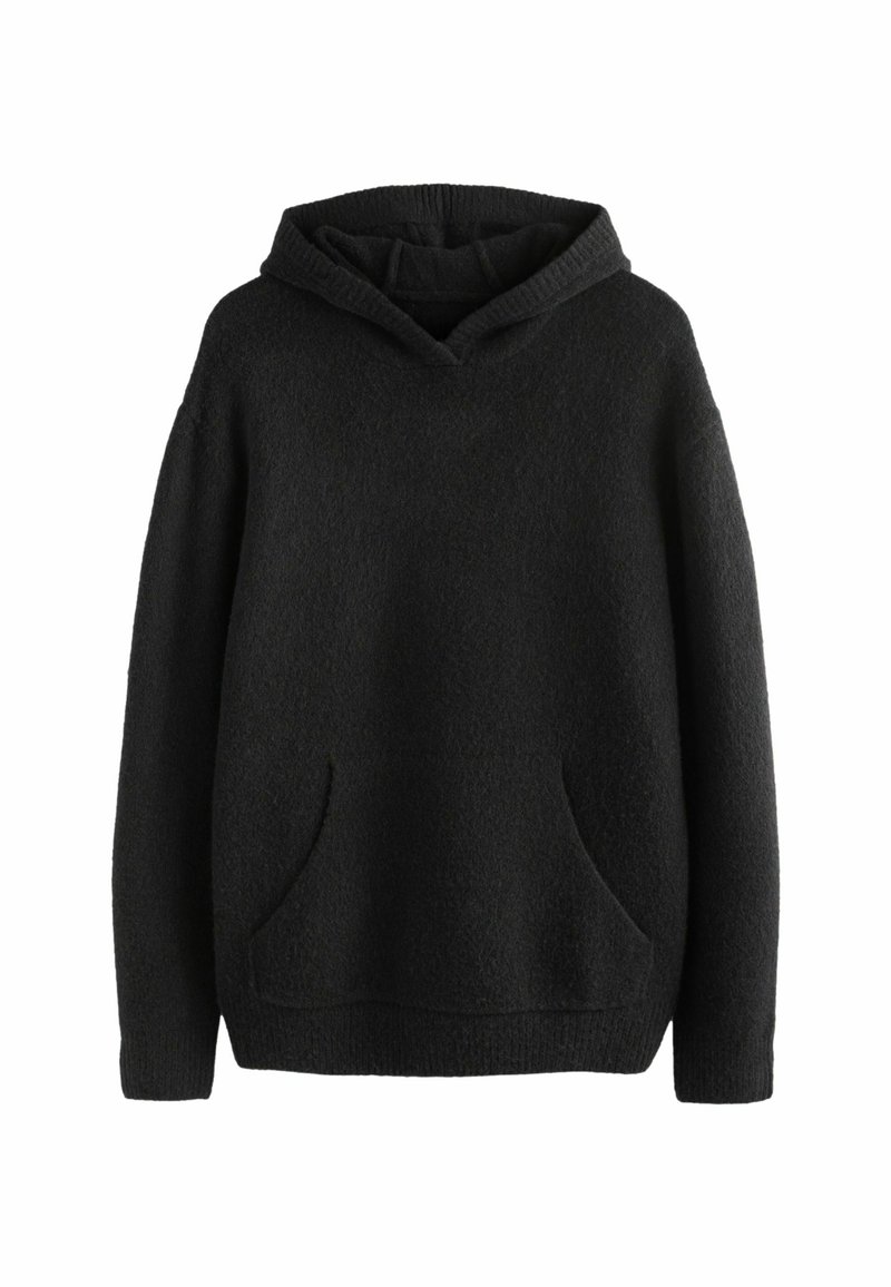 Sort hættetrøje med tekstureret overflade, der har en frontlomme og ribbet kant. Enkel, oversized design uden udsmykning.