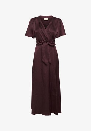 Burgunderfarbene Wickelkleid mit kurzen Puffärmeln, V-Ausschnitt, Taillenschnürung und einem fließenden Schnitt. Hergestellt aus einem glatten, strukturierten Stoff.