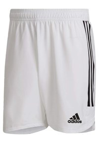 Witte sportieve shorts van lichtgewicht stof met een elastische tailleband, drie zwarte zijstreepjes en een adidas-logo aan de onderzijde links.