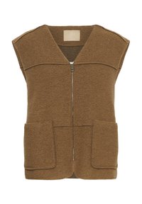 Smešani smeđi džemper bez rukava s V-izrezom, prednjim zatvaračem i dva velika flaširana džepa. Ima opušten kroj i kratke rukave.