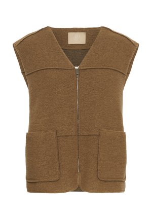 Chaleco de mezcla de lana marrón con escote en V, cierre de cremallera frontal y dos grandes bolsillos de parche. Presenta un ajuste relajado y mangas cortas.