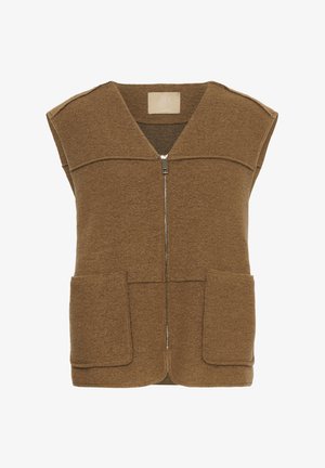 Brown wool blend vest with a V-neckline, front zipper closure, and two large patch pockets. Features a relaxed fit and short sleeves.