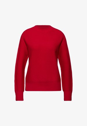 Roter Pullover mit gerippter Textur. Hat einen Rundhalsausschnitt und lange Ärmel. Einfaches, warmes Design, ideal zum Schichten.