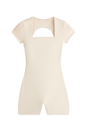 Beige korte mouwen romper met een vierkante uitsparing op de borst en aansluitende korte broek.