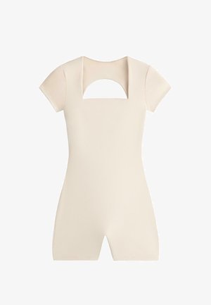 Beige short-sleeve romper with a square cutout at the chest and fitted shorts bottom.
