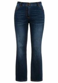 Dunkelblaue Jeans aus Denim mit geradem Bein, Bund mit Metallknopf, Vordertaschen und sichtbaren Nähdetails.