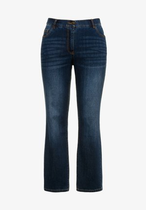 Dunkelblaue Jeans aus Denim mit geradem Bein, Bund mit Metallknopf, Vordertaschen und sichtbaren Nähdetails.