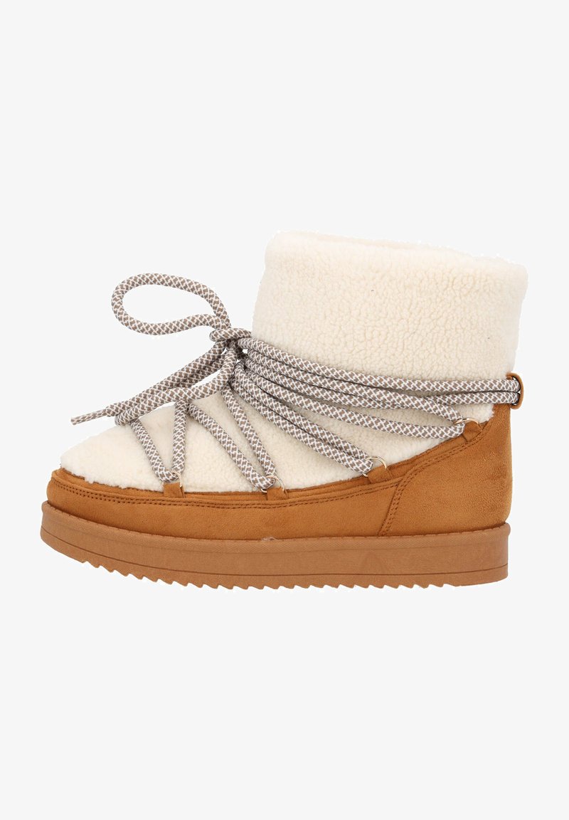 Tanmixsuede laars met een crèmekleurige fleece bovenkant, met een ronde neus en decoratieve beige veters. Zachte textuur met een rubberen zool.