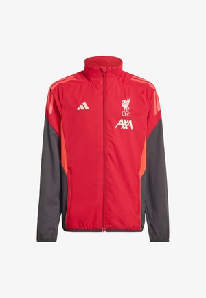 Rote Jacke mit grauen und orangefarbenen Akzenten; verfügt über einen hohen Kragen, Reißverschluss und Adidas-Logo auf der linken Schulter; L.F.C.-Logo auf der Brust.