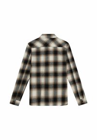 Camicia di flanella a quadri con maniche lunghe, caratterizzata da una combinazione di colori bianco, nero e marrone, colletto strutturato e polsini con bottoni.