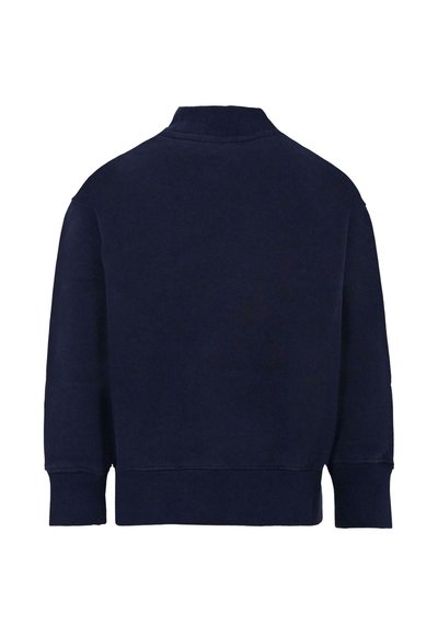 Felpa blu navy con colletto alto, maniche lunghe e polsini a costine; realizzata in un tessuto morbido con una superficie liscia; vista dal retro.