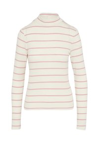 Langärmliges Turtleneck-Oberteil in Creme mit hellrosa horizontalen Streifen. Aus weichem Stoff gefertigt, mit einer figurbetonten Silhouette und gerippten Bündchen.