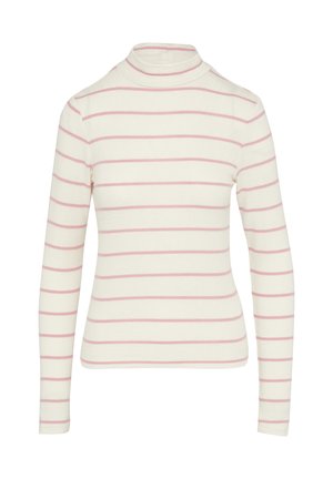 Langsleeve turtleneck top in crème met lichtroze horizontale strepen. Gemaakt van zachte stof, met een aansluitende pasvorm en geribde manchetten.