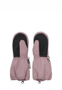 Rosa wasserdichte Handschuhe mit elastischen Bündchen, schwarzer Handfläche und strukturierter Oberfläche. Verfügt über eine Zuglasche für ein einfaches Anziehen. Schlichtes Design.