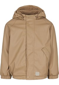 Giacca impermeabile color beige con cappuccio, bottoni a pressione, tasche laterali e polsini elasticizzati. Texture liscia con una fodera morbida visibile al collo.