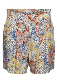 Pantalones cortos estampados con una mezcla de diseños de cachemira en rojo, azul, amarillo y blanco, confeccionados con tela ligera y una cinturilla elástica.