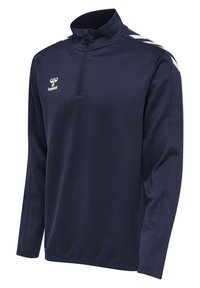 Marineblauwe sportieve zip-up top van gladde stof, met lange mouwen en witte schouderaccenten, inclusief een klein logo op de borst.