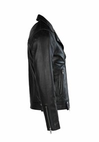 Jachetă de motociclist din piele neagră, cu croială strâmtă, guler cu rever, buzunare cu fermoar și finisaj texturat. Include fermoare vizibile și detalii cu cusături.