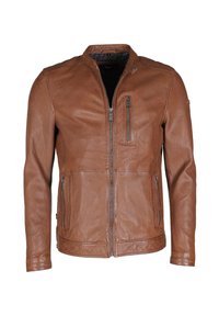 Braune Lederjacke mit Stehkragen, durchgehendem Reißverschluss und zwei seitlichen Taschen. Verfügt über dekorative Nähte und eine glatte Oberfläche.