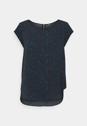 Blouse à manches courtes en imprimé léopard bleu et noir, avec un col rond et une fermeture éclair au dos, offrant une coupe décontractée et un ourlet arrondi.