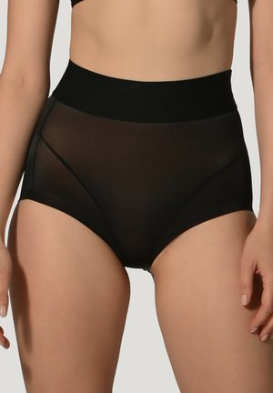 Zwarte hooggesneden onderbroek met een gladde, transparante textuur, voorzien van een brede elastische band bij de taille en contourerende zijnaad.