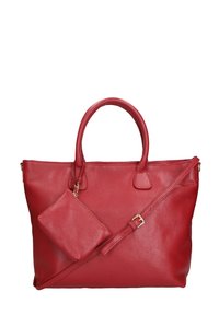 Rode leren schoudertas met twee handvatten, gestructureerde afwerking, afneembare schouderband en een bijpassend ritssluiting zakje.