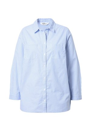 Blau-weiße gestreifte Hemdbluse mit Kragen, langen Ärmeln und zwei Brusttaschen. Aus leichtem Stoff, lockere Passform.