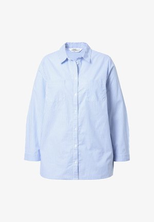 Niebieska i biała koszula zapinana na guziki z kołnierzykiem, długimi rękawami i dwiema kieszeniami na piersi. Wykonana z lekkiego materiału, w luźnym fasonie.
