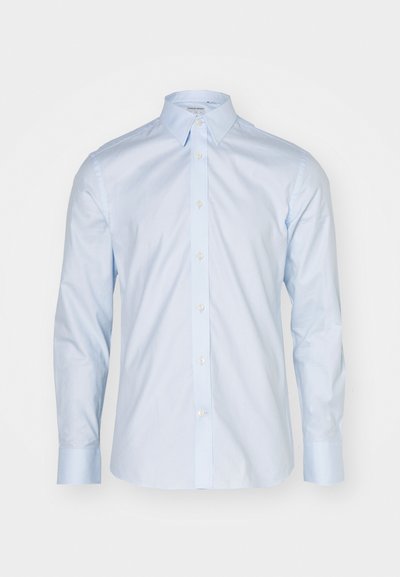 Light blue long-sleeve shirt featuring a classic collar, button-up front, and contrasting buttons; made of smooth fabric with a crisp finish.