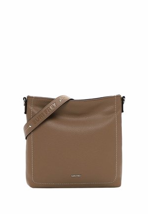 Brown leather shoulder bag with a textured finish, featuring a logo strap and white stitching accents. Compact square shape.