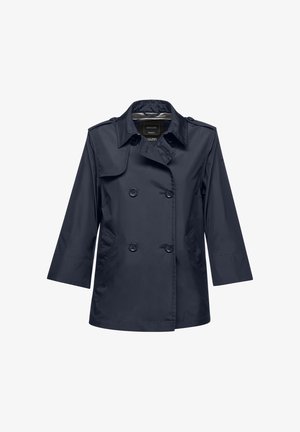 Trench coat doppiopetto blu navy con ampio colletto, spalline con bottoni e due tasche frontali.