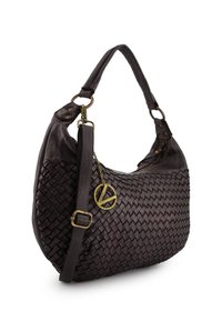 Brown leather handbag with a woven texture, rounded shape, short handle, and a detachable strap. Features gold-tone hardware and an accent charm.