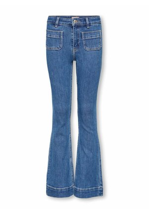 Sinised teksapüksid kõrge vöökohaga, ees taskud plaastritega, kinnitatavad nööpidega ja laiade säärega.