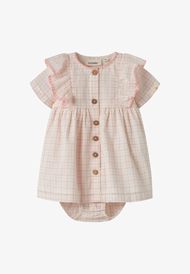 Detské šaty s ružovým kockovaným vzorom, drevenými prednými gombíkmi, krátkymi volánovými rukávmi a zodpovedajúcim pripevneným návlekom na plienku.