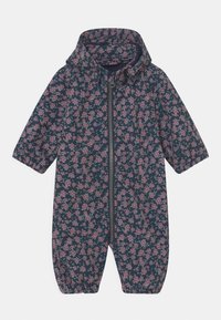 Marineblå babyoveralla med rosa blommönster, huva, långa ärmar, framsida med dragkedja och elastiska muddar på ben och ärmar.