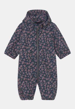 Marineblauer Baby-Overall mit pinkem Blumenmuster, Kapuze, langen Ärmeln, Reißverschluss auf der Vorderseite und elastischen Bündchen an Beinen und Ärmeln.