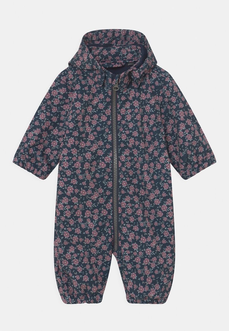 Marineblå babyoveralla med rosa blommönster, huva, långa ärmar, framsida med dragkedja och elastiska muddar på ben och ärmar.